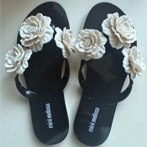 Mini Melissa Black and Cream Floral Girl’s Sandals